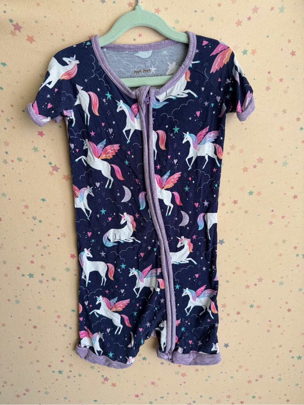 Little Sleepies Navy Romper with Pink & Lavender Unicorns and Purple Trim